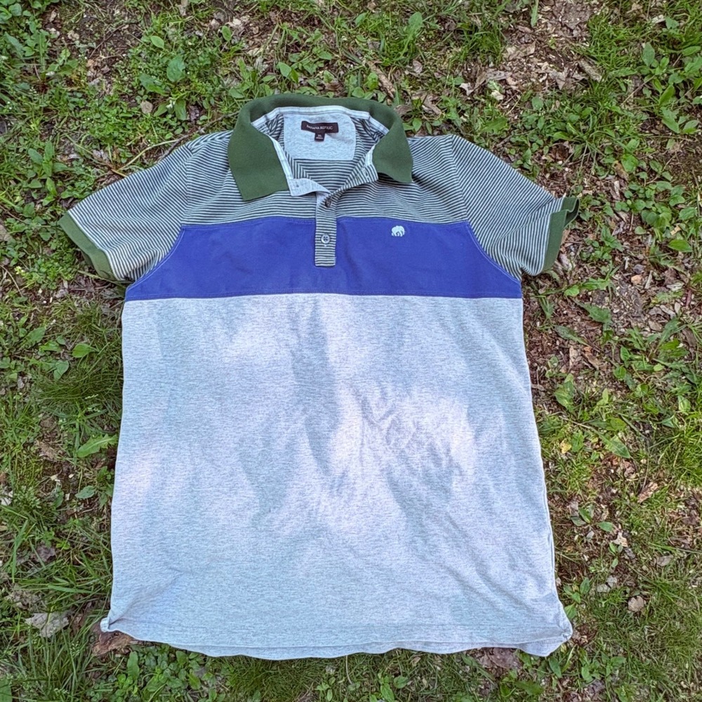 Banana Republic Mens XL Polo Shirt Colorblock Striped Elephant Logo Green Blue